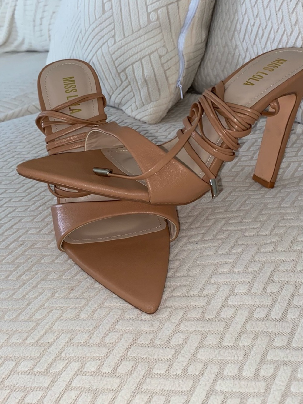 Miss Lola Tan Strappy Pointed Toe Heeled Sandals